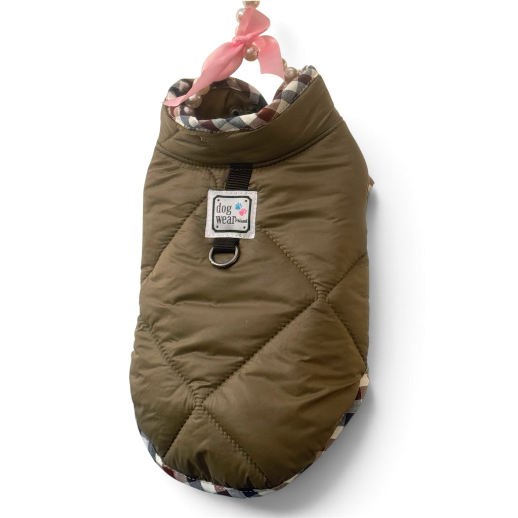 Pikowana kurtka dla psa khaki z kratką – Dog Wear Poland