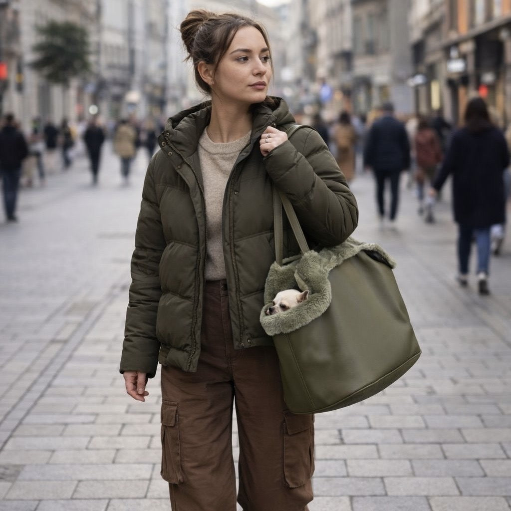 Olive dog carrier bag - sewn in Poland